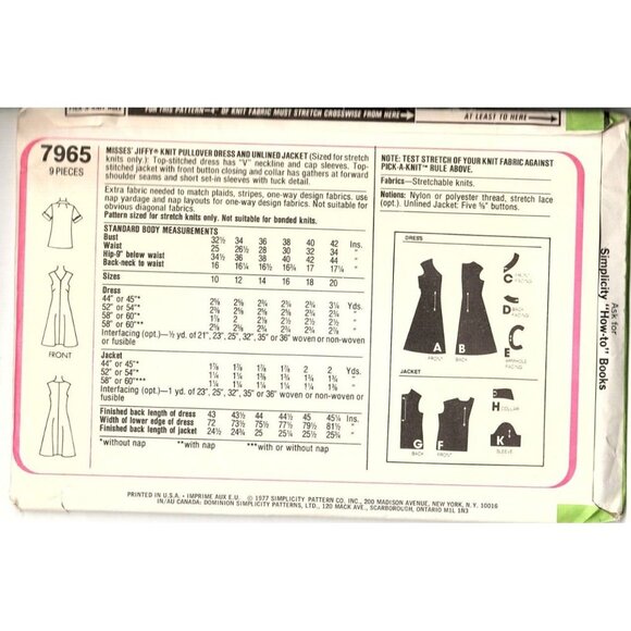 Simplicity 7965 Misses 14 Pullover Dress and Jacket Vintage Uncut Sewing Pattern - Picture 2 of 2